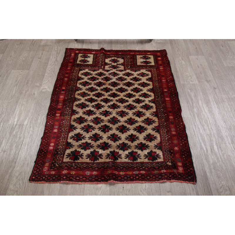 Tapis rouge / beige en laine noué à la main de conception unique 3 pi 3 po x 4 pi 6 po Stcyr