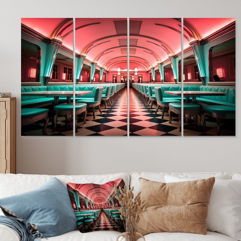 «Pink Nostalgic Tunes Fast Food 1960S Diner - Jukeboxes», art mural 4 pièces, H 28 po x l 48 po