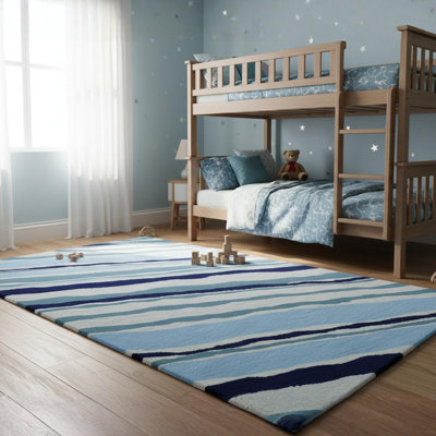 Ailey Authentic Hand-Tufted Handmade Blue, White, Teal & Navy Modern Abstract Stripe Wool Area Rug