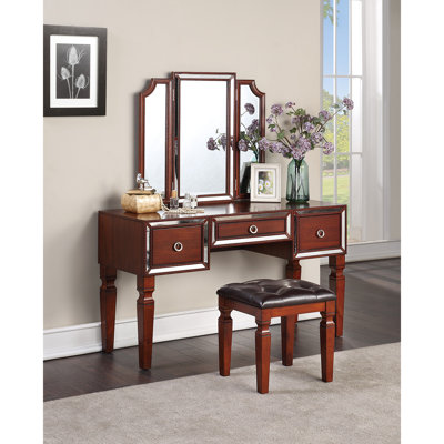 Luxurious Majestic Classic Cherry Color Vanity Set w Stool 3- Storage Drawers 1pc Bedroom Furniture Set Tri-Fold Mirror