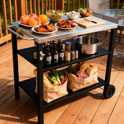 Chariot de barbecue extérieur à 3 niveaux avec surface en acier inoxydable, roues de table de préparation barbecue, barre de service roulante pour patio et cour arrière, support de four à pizza en noir, construction, grand rangement, stable
