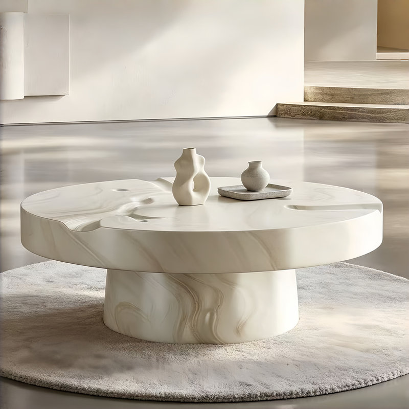 Table basse ronde en simili marbre blanc, Blanc / Blanc