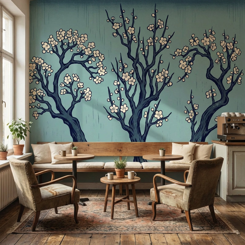 Papier peint fleurs de cerisier, murale d'inspiration est-asiatique, 140 po x 108 po, Peler et coller