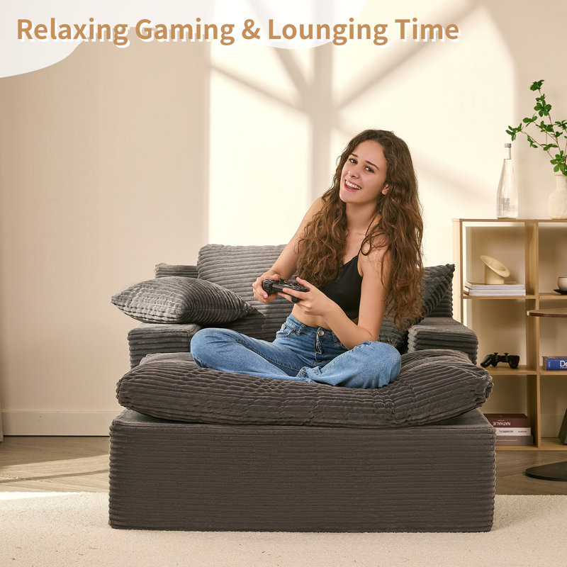 Corduroy Chaise Lounge Chair with Removable Washable Cover, No Assembly, Anti-Slip Base for Living Room & Bedroom, Grey