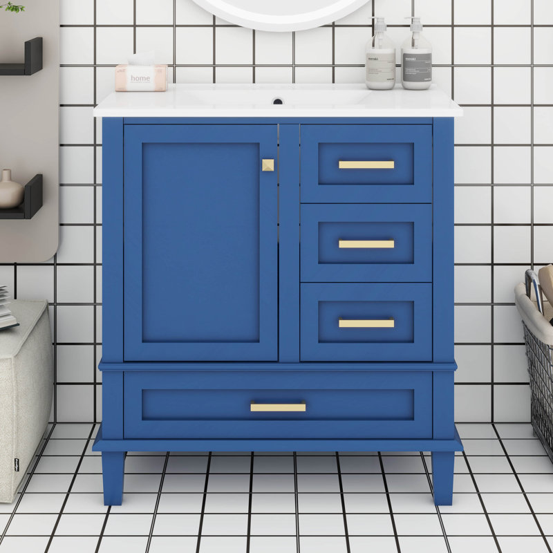 Ensemble de meuble-lavabo 30 po avec lavabo, armoire de rangement moderne avec porte à fermeture douce et 3 tiroirs, structure en bois massif