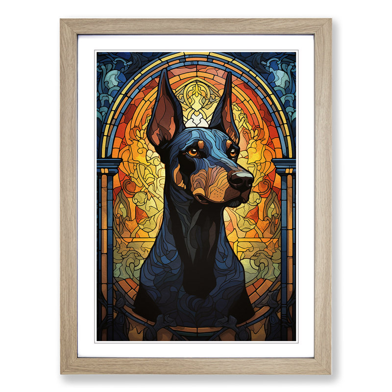 Doberman Nouveau - Single Picture Frame Print on Wood, 64cm H x 46cm W, Oak Framed