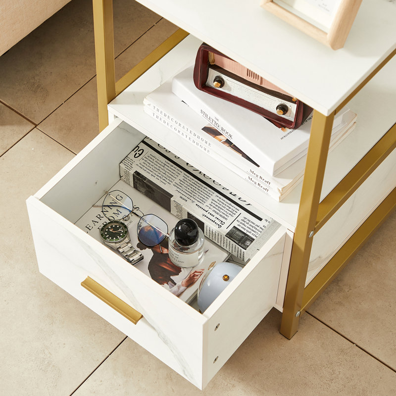 Kempst 1 - Drawer Iron Nightstand, Gold/White