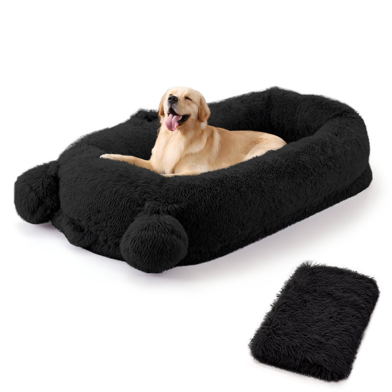 Lit pour chien humain, lit pour chien de taille humaine 71 po x 45 po x 12 po avec couverture, 2 poches de rangement latérales et poignée portative