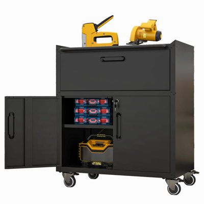 Sturdy And Durable Metal Tool Cabinet For Garage With Wheels - Mobile Heavy-Duty Storage Cabinet With 1 Drawer And 2 Locking Doors, Rolling Tool Storage Cabinet