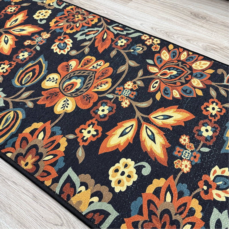 Custom Size Runner Rug Berber Style Floral Black Low Pile Slip Resistant Runner Rugs by Feet, Runner 2'2" x 4'