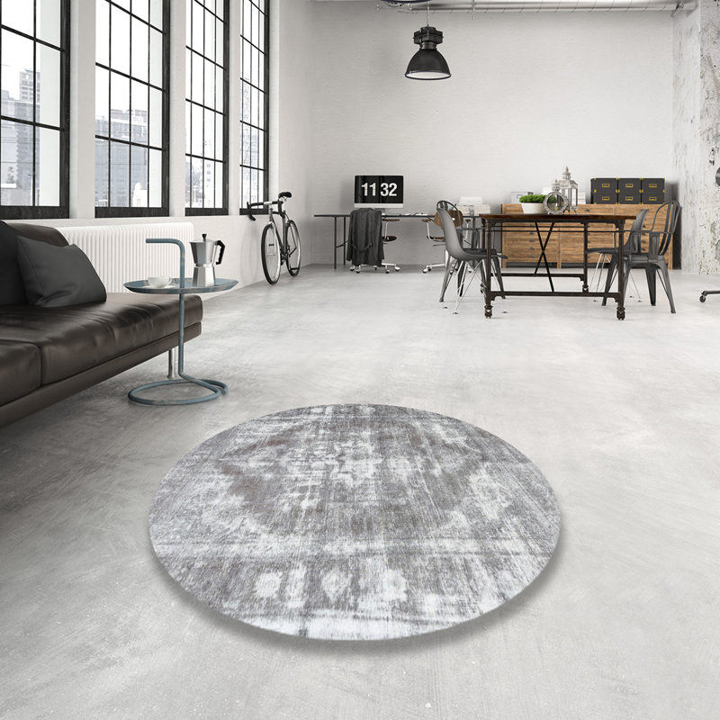 Tapis décoratif gris en laine oriental, Rond 6 pi