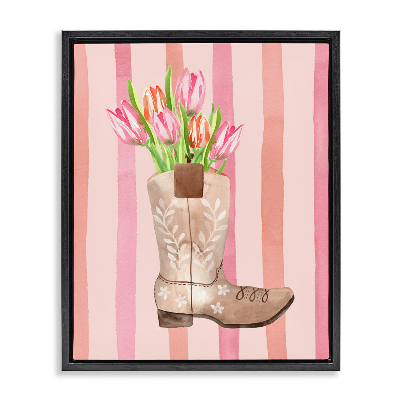 Tulipe Cowgirl sur cadre flottant à rayures, design par Nina Jacobs, H 21 po x l 17 po, Cadre flottant noir de jais