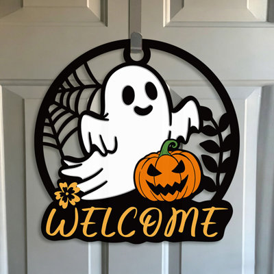 Halloween Hollowed Out Wooden Sign Round Ghost Pumpkin Wall Hanging Decor Welcome Door Hanger Wood Wall Art Ornament
