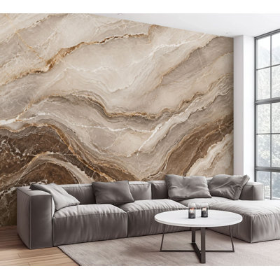 Papier peint adhésif à poser en agate de marbre beige abstrait avec couches de veines minérales fluides et papier autocollant amovible à contact mural pour salon H 100 po x l 144 po