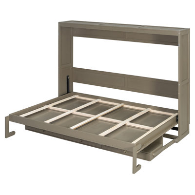 Queen Size Wall Murphy Bed with Storage, Foldable Cabinet Bed with Vanity Desk, Centre Mirror & 2 Side Drawers, Distressed Grey