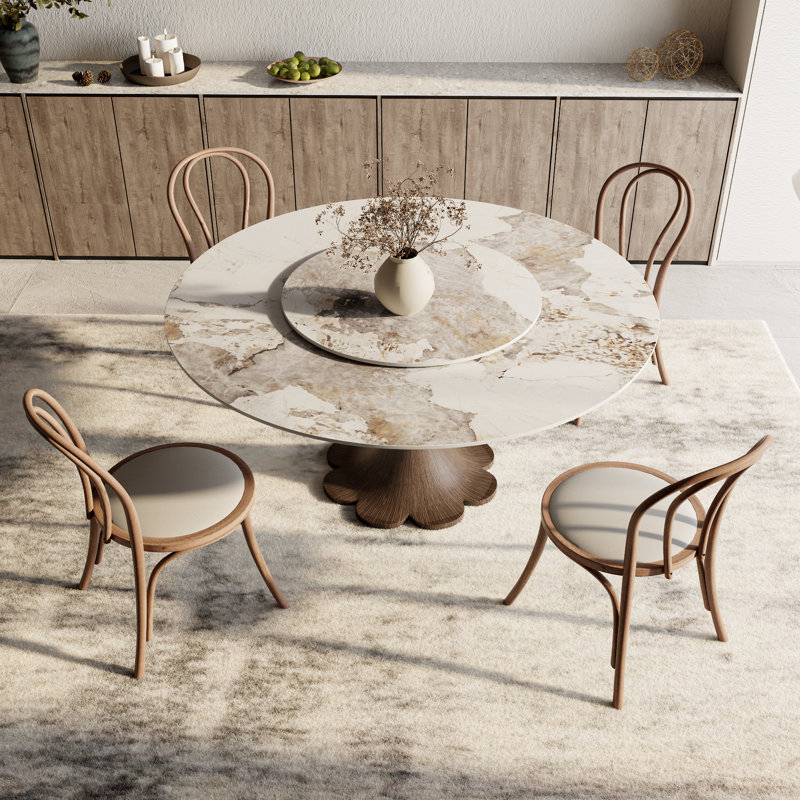 Round Stone Top With 360° Circular Rotating Lazy Susan Solid Wood Base Dining Table For 6-10, 29.52" H x 59.05" W x 59.05" L