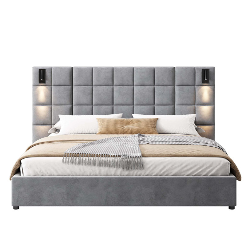 Upholstered Bed,with Reading Lamp and Usb Port, Wide Headboard,without Bedside Tables and Mattress,Velvet, King