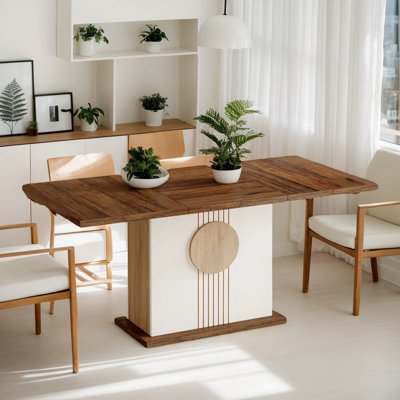 55 Inch Farmhouse Rectangular Dining Table for 4-6, Brown Wood Kitchen Table with White Carved Base