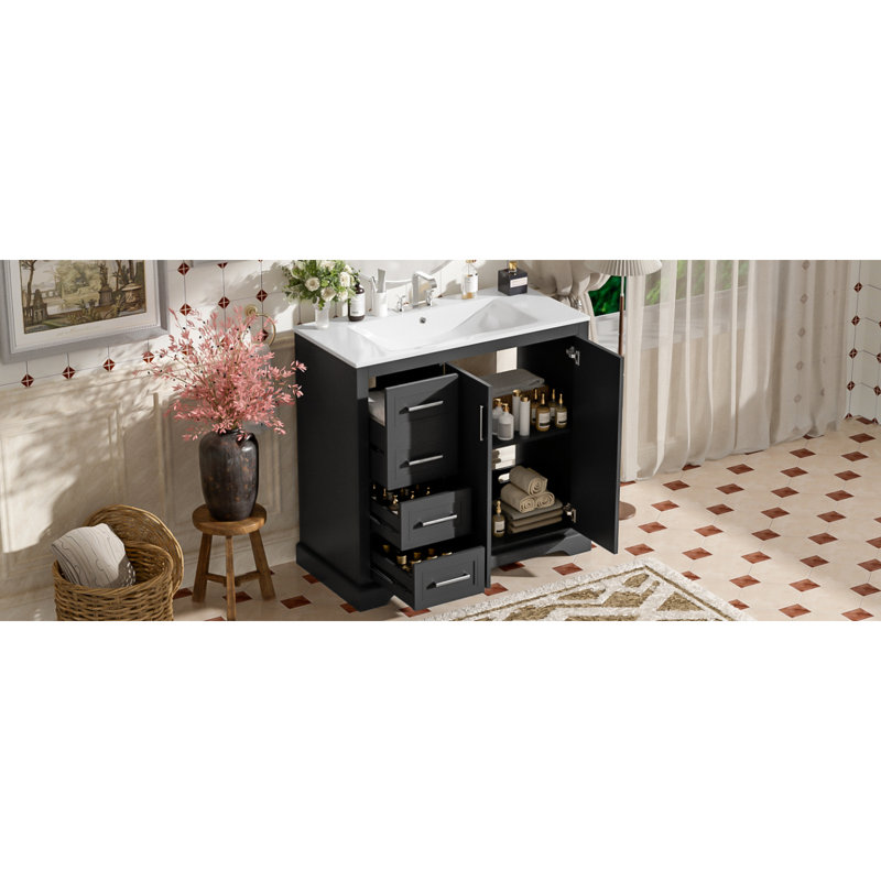 Meuble-lavabo moderne 36 po avec lavabo en céramique, porte à fermeture douce, tablette réglable et 3 tiroirs, Noir