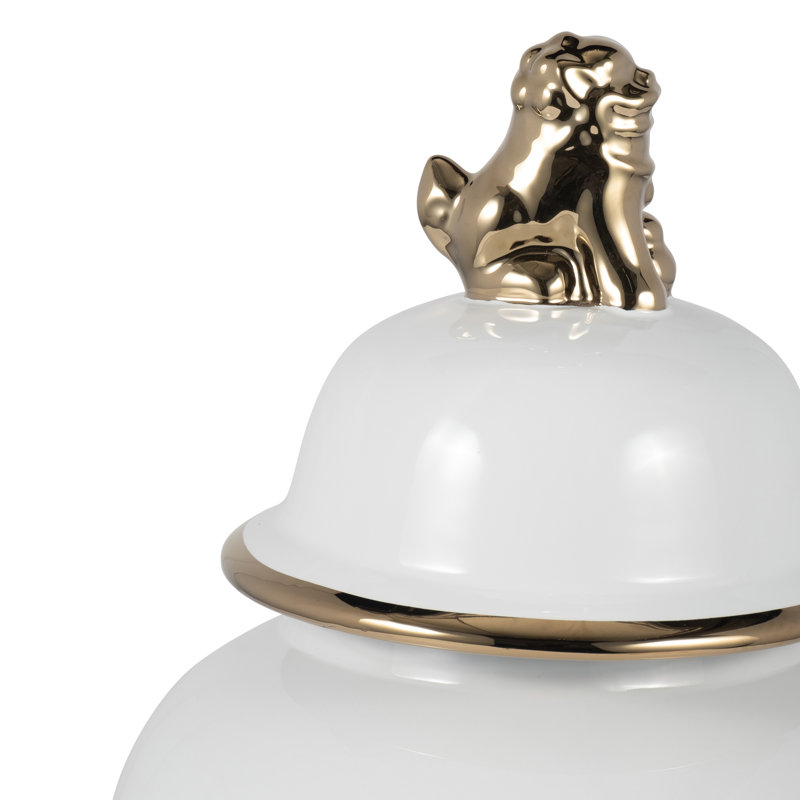Grand bocal en céramique avec couvercle décoratif Ellport Sophistiqué, H 18 po x l 10 po x P 10 po, Blanc / Doré