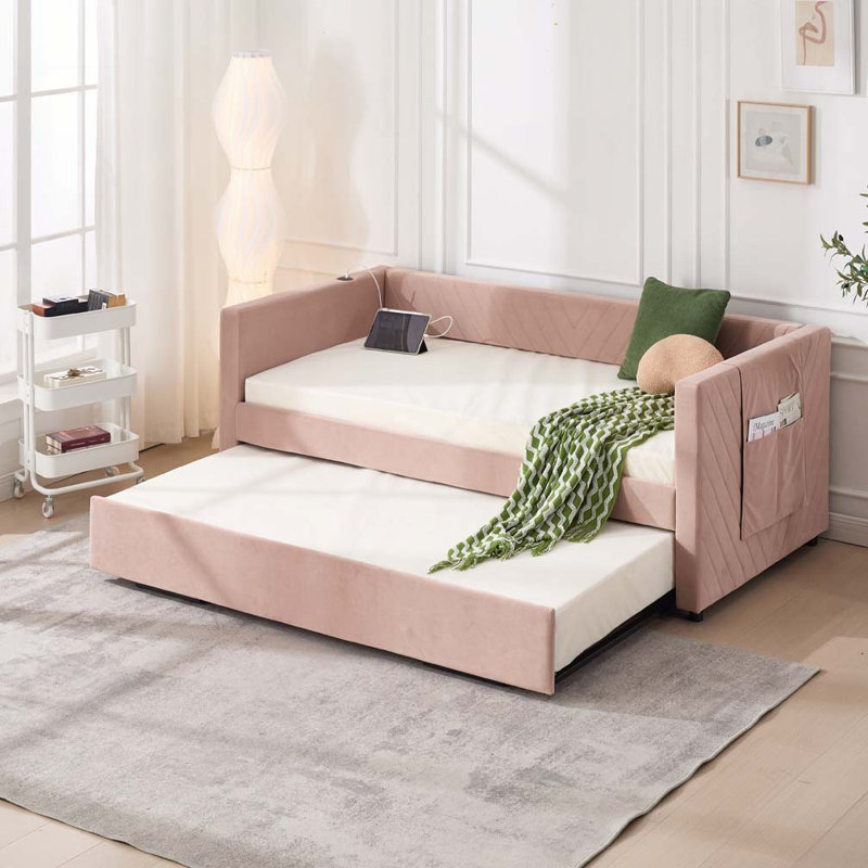 Upholstered Daybed with Trundle,USB Port ,Side Pockets, Pink