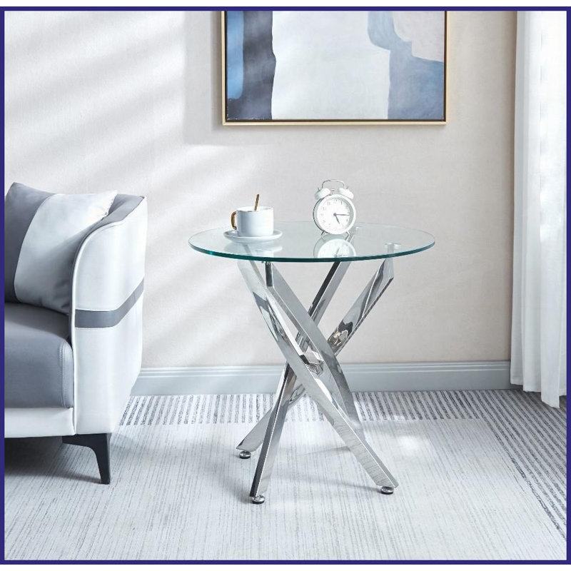 Table basse ronde en verre trempé avec pieds en acier inoxydable pour le salon, durable et amp; Facile à installer