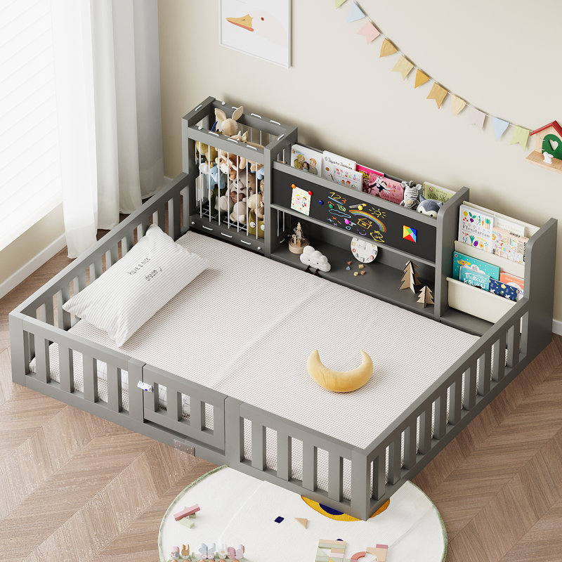 Floor Platforms Bed with Door, Blackboard, Shelf and Toy Box, Soild Bed Frame, Gray, Twin