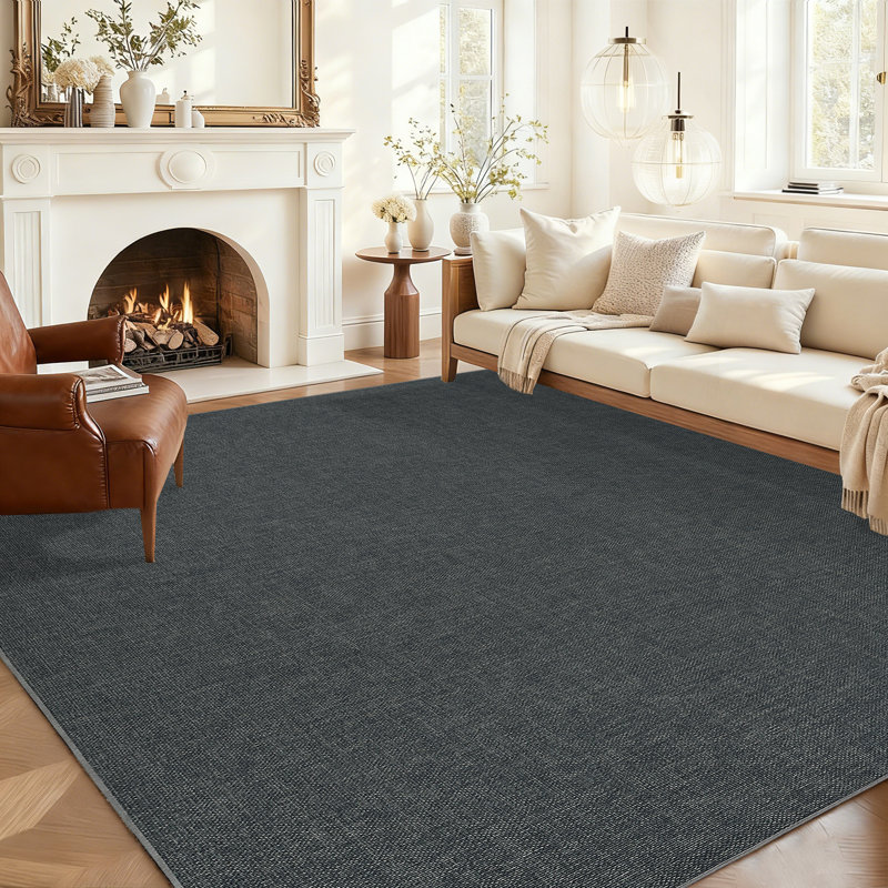 Grand tapis moderne 10 x 13 de couleur unie, lavable, antidérapant et tissé - Mince neutre, minimaliste, non délestable, Noir