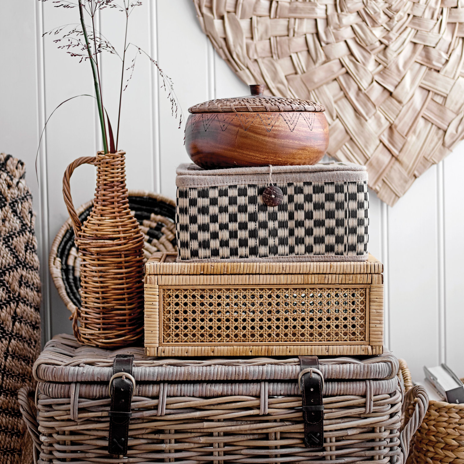 Edelie Woven Cane and Glass Box, 4.25" H x 12.5" W x 6.75" D, Natural