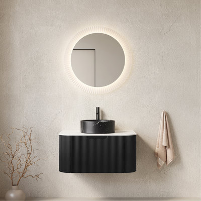 Meuble-lavabo de salle de bain, meuble de rangement rayé à bords arrondis avec tiroir, lavabo rond en céramique et plateau en pierre frittée blanche, pré-assemblé