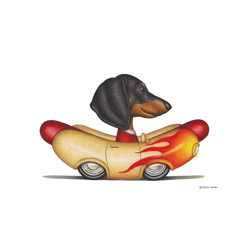 «Teckel flamboyant» par Danny Gordon - impression d'art graphique, H 26 po x l 40 po x 1,5 po, Toile tendue, Pas de tapis