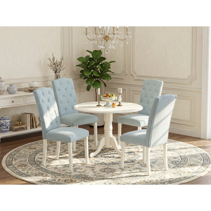 5 Piece Dining Set Includes a Round Dining Room Table with Dropleaf and 4 Baby Blue Linen Fabric Upholstered Chairs, Linen White