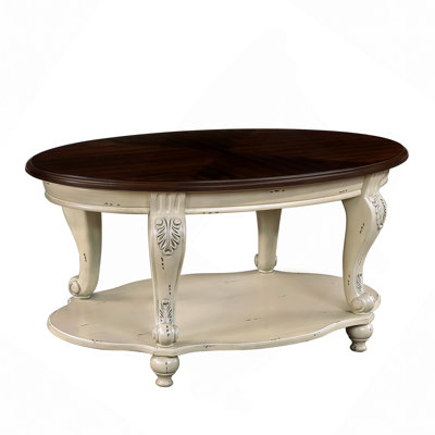 42'' Oval Wood Coffee Table For Living Room, 2-Tier Solid Wood Cocktail Table With Open Storage Shelf