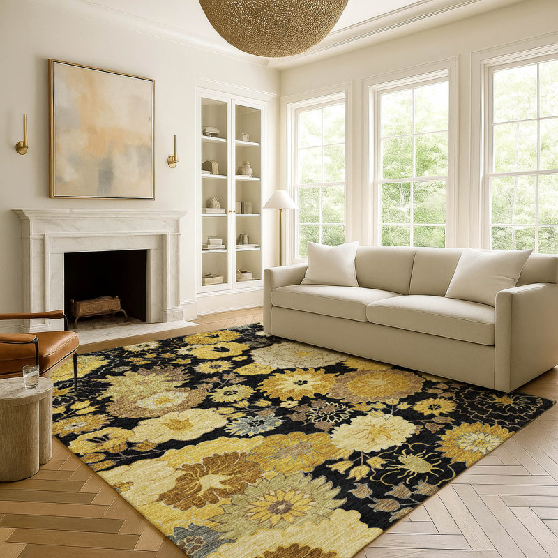 Tapis floral lavable à la machine de qualité supérieure Mayfield AMF2294, Noir, 10 pi x 14 pi
