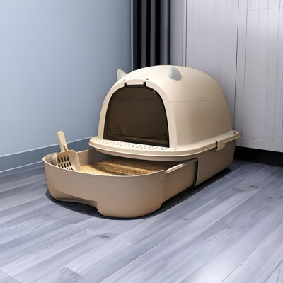 Bassin pour litière pour chat entièrement fermé, très grand, désodorisant, anti-odeur et anti-éclaboussure pour chat, très grand bac à litière pour chat, gris [entièrement fermé, anti-odeur] avec pelle pour litière pour chat