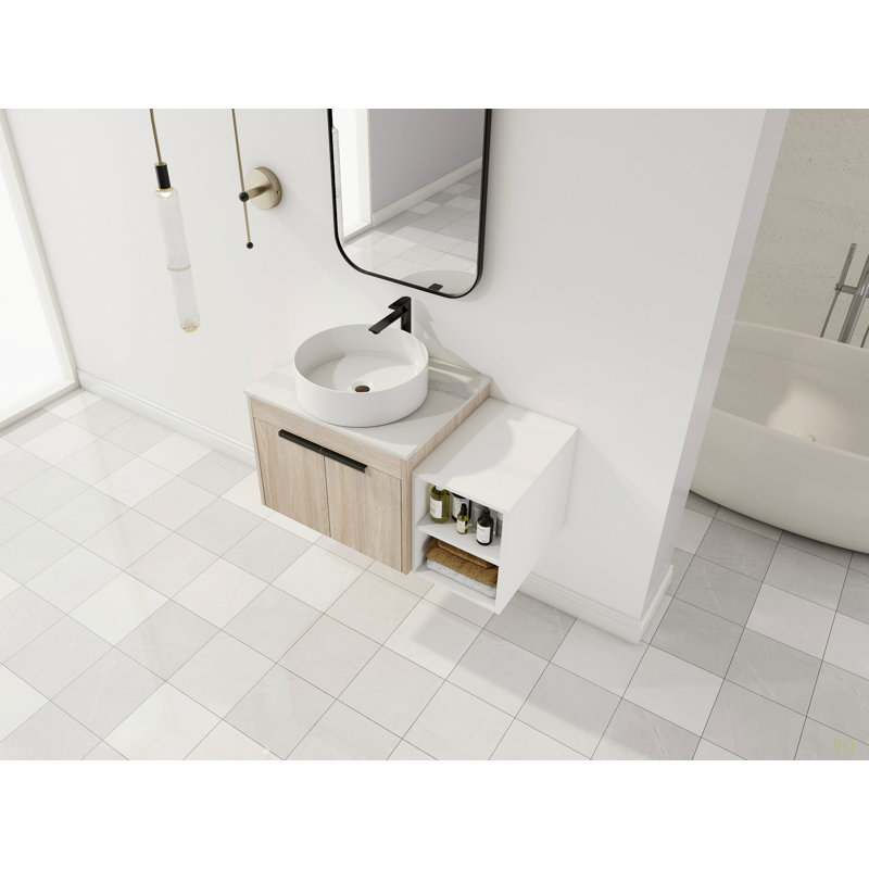 Meuble-lavabo flottant de 36 po au design moderne avec lavabo d'art en céramique, plaque de pierre plate et petites tablettes de rangement, porte à fermeture douce