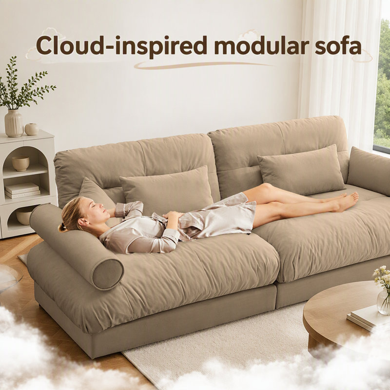 Canapé d'angle en forme de U Cloud Couch avec poufs amovibles, convertible 4 places, profond, moderne, en velours confortable, avec accoudoirs rembourrés, coussin lombaire et coussins décoratifs, couleur camel