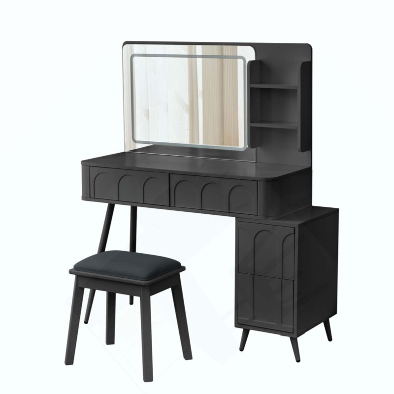 Modern Makeup Vanity Desk With LED Lights & Mirror, 4 Drawer Dressing Table Set With Stool, 3 Colors Dimmable Brightness, Space-Saving For Bedroom