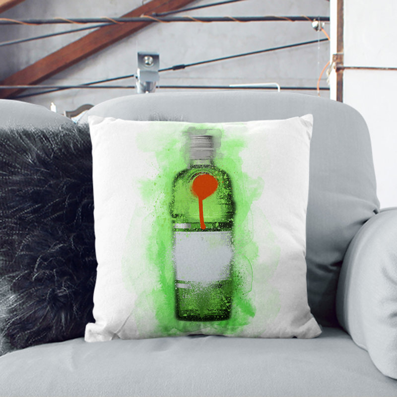 Green Gin Bottle Square Throw Cushion, 55cm H x 55cm W x 20cm D, Black