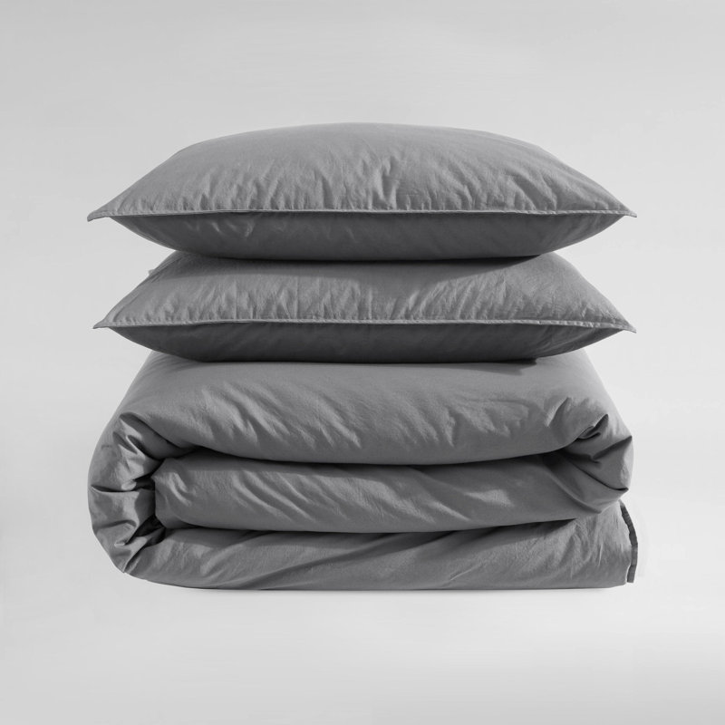 Calvin Klein Washed Percale Solid Cotton Duvet Cover Set, King Duvet Cover + 2 King Shams, Dark Gray