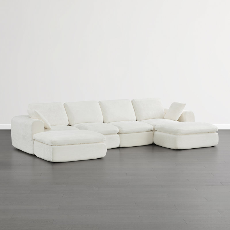 Dineen Boneless 137.8"W No Assembly Required 6-Piece Cloud Couch Comfy Modular Sofa With 2 Ottoman, Cream