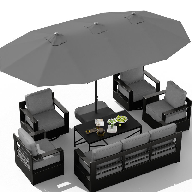 Ensemble de canapé d'extérieur en aluminium pour 7 personnes, 4 chaises et table basse avec parasol et coussins gris, Gris
