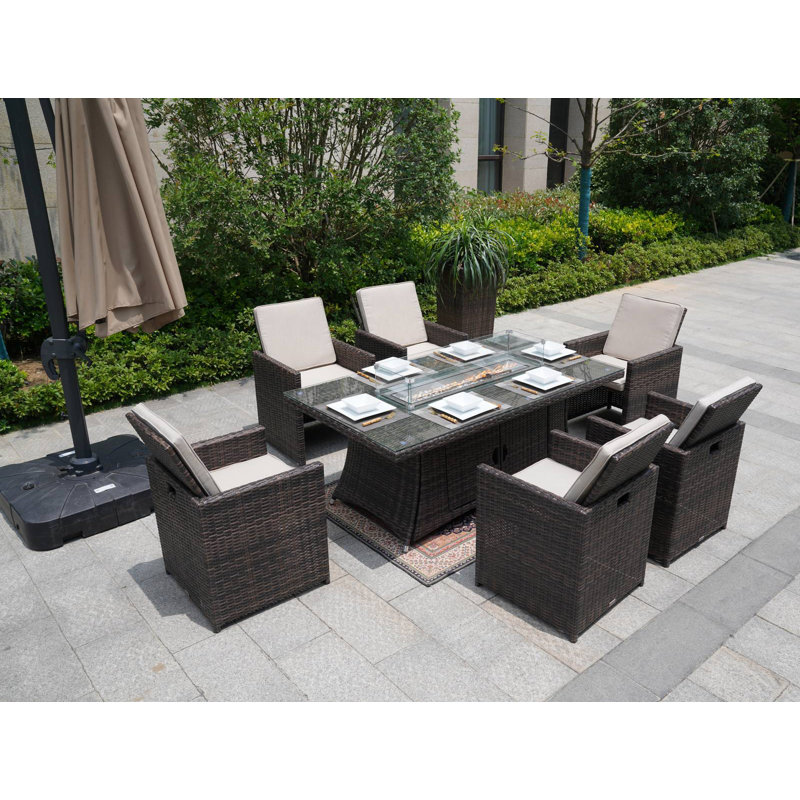 Aerolyn 6 - Person Plastic and Wicker Patio Dining Set Rectangular Table with Cushions Included, Cream, Brown