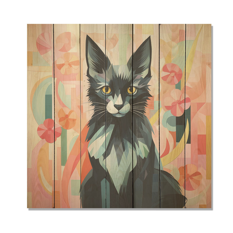 «Black Playful Cat Floral Meadows» - Chat sur impression sur bois, H 15 po x l 15 po