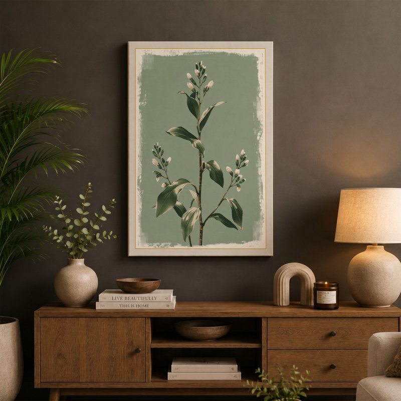 White Flowering Study Botanical - Wrapped Canvas, 36x24 - 91.4 x 61.0 cm, Teal Border