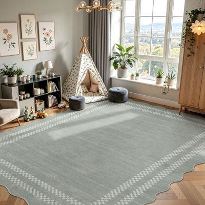 Scalloped Washable 8 x 10 Area Rugs for Living Room, Grey Soft Non-Slip Indoor Bedroom Rugs 8x10, Large Geometric Low Pile Dining Room Carpet for Playroom Office Decor
