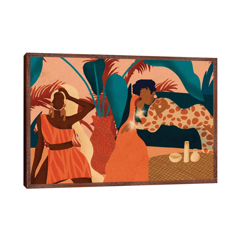 Girls Night In by Reyna Noriega - Painting on Canvas, 66.04 cm H x 45.72 cm W, Classic Brown Wood Framed Canvas