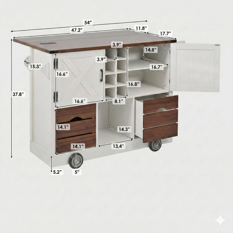 54-Inch Farmhouse Style Kitchen Island with Drop-Leaf Counter, Power Outlet, Storage Cart with 2 Doors and 2 Drawers, 4 Large Rolling Wheels, Built-In Spice Rack – For Kitchen and Dining Room Use, White Finish