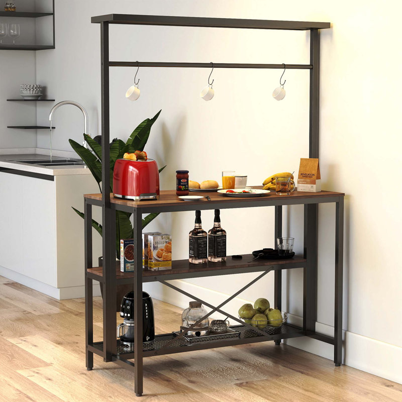 Îlot de cuisine, étagère de boulanger, table d'îlot pour la cuisine, étagère de four à micro-ondes à 3 niveaux avec rangement, étagère de rangement pour le salon de la salle à manger, 3 crochets