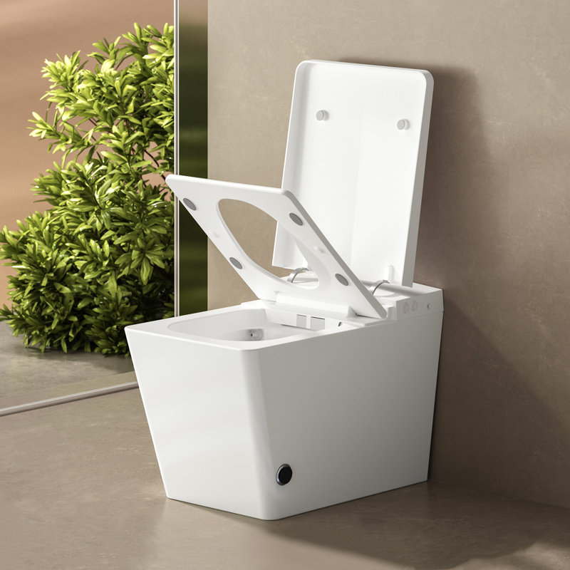 Toilette carrée intelligente avec réservoir intégré pour salle de bain moderne - télécommande, chasse d'eau automatique, siège chauffant, affichage numérique à DEL, personnalisable par l'utilisateur, commande intégrée blanche, système de chasse d'eau, fonction de siège, panneau,